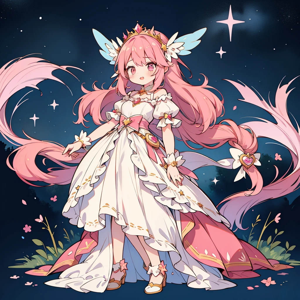 1girl, fullbody, character design, pink hair princes with heart tiara, flowery, star accessory, high quality, wide shot, detailed background of magical forest