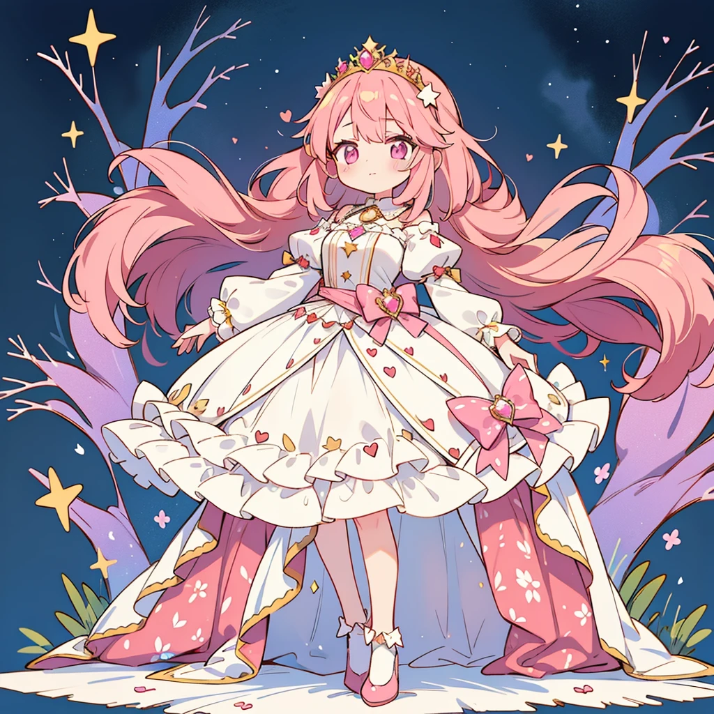 1girl, fullbody, character design, pink hair princes with heart tiara, flowery, star accessory, high quality, wide shot, detailed background of magical forest