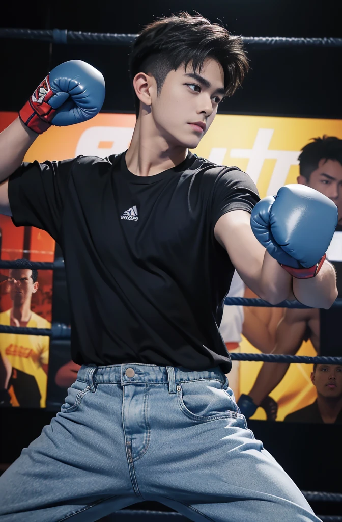 ((Highest quality))、((８K))、((high resolution))、((Masterpiece))、((Superb details))、((anime style))、handsome man、handsome boy in anime、((Looking at the camera from the side))、((stand))、(stalwart)、Medium structure、medium height、((Boxing fighting moves:1.4))、uneven black hair、Black eyes reminiscent of darkness.、His eyes were full of intent to kill the enemy.、（sharp, Strong and clear eyes）、natural eyebrows、very short hair、I waved my hair carelessly.、A fearless smile、ฟันเขี้ยวแหลมsharpราวกับสัตว์ร้าย、Plain black sports t-shirt、Dark blue jeans、The wind is blowing、street fighting