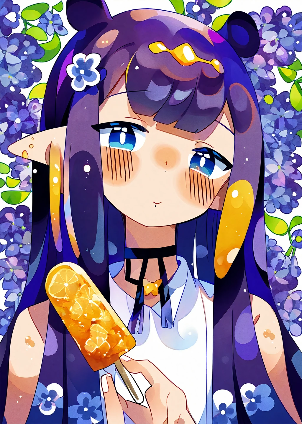 ninomae ina'nis, 1girl, virtual youtuber, popsicle, food, long hair, pointy ears, solo, sidelocks, mole under eye, bangs, purple hair, tentacle hair, multicolored hair, orange hair, gradient hair, blunt bangs, flower, mole, looking at viewer, blue flower, blue eyes, holding, very long hair, holding food, blush, eating, upper body, choker, animal ears
by uenomigi,