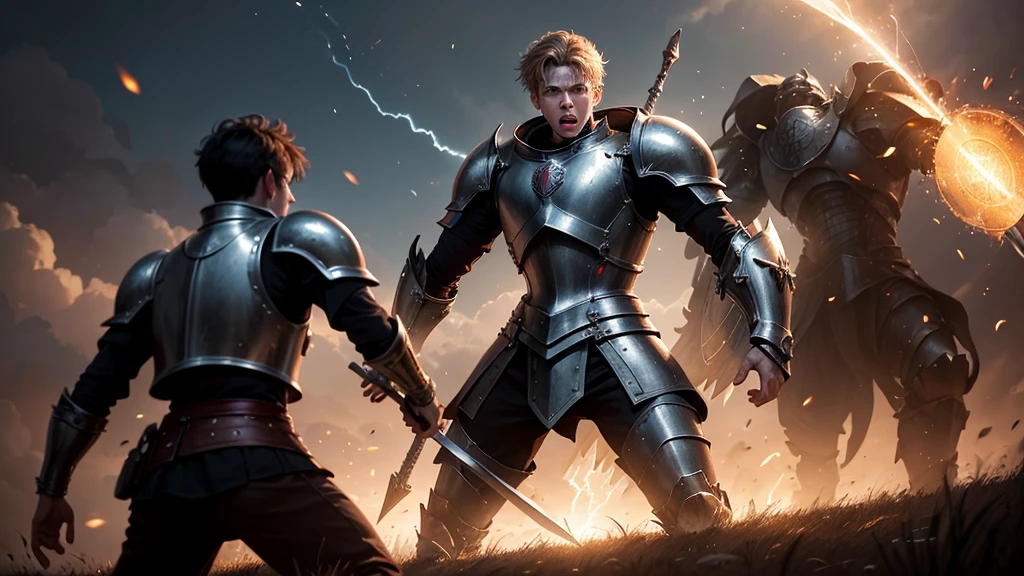 A brave 18-year-old boy named David, dressed in medieval armor, defends himself from a colossal enemy wielding a shining shield to protect himself from the enemy's attack. The battlefield, a mix of moonlit shadows and sparks of fire, echoes with the clash of steel and the roar of the titan. David, with determination written on his face.