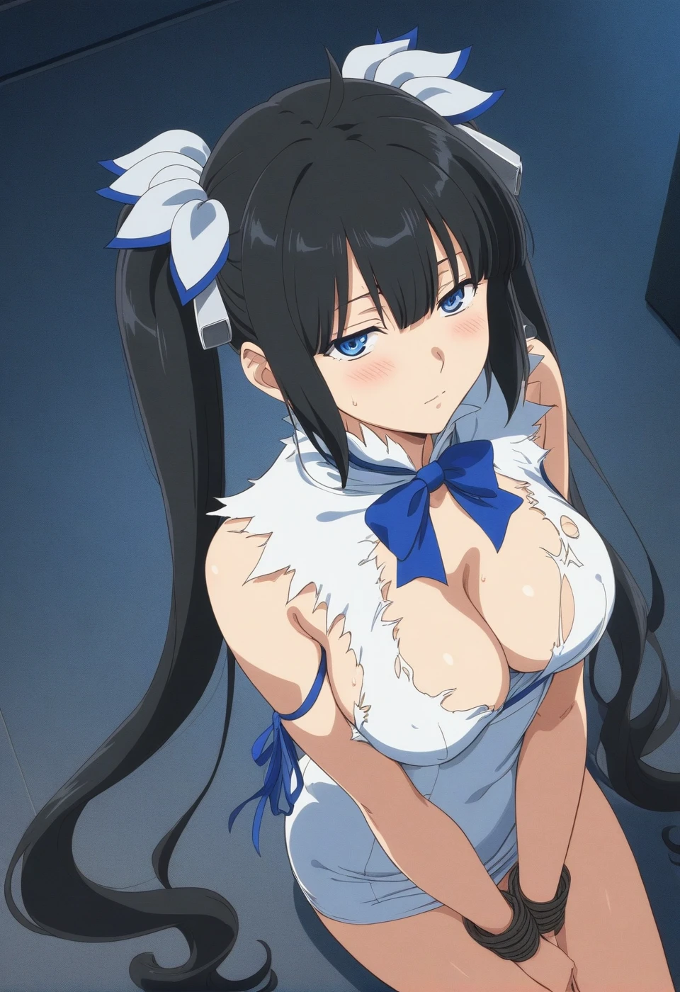 best quality, amazing quality, very aesthetic, absurdres, (1girl, hestia (danmachi),hestia \(danmachi\),long hair,blue ribbon,twintails),(torn clothing:1.8), (night, veil, thigh, arms between legs:1.3), (cowboy shot), (), (half closed eyes:1.3), (from above:2), (restrained:1.4), (blush), expressive eyes, perfect face, 4k, extremely detailed anime illustration, extremely detailed eyes, perfect anatomy, light rays, extremely delicate body, smooth skin, (room background:1.5), clear eyes, beautiful face, looking at viewer, (cinematic Light:1.5), ,(anime style:1.7), (highres:2),