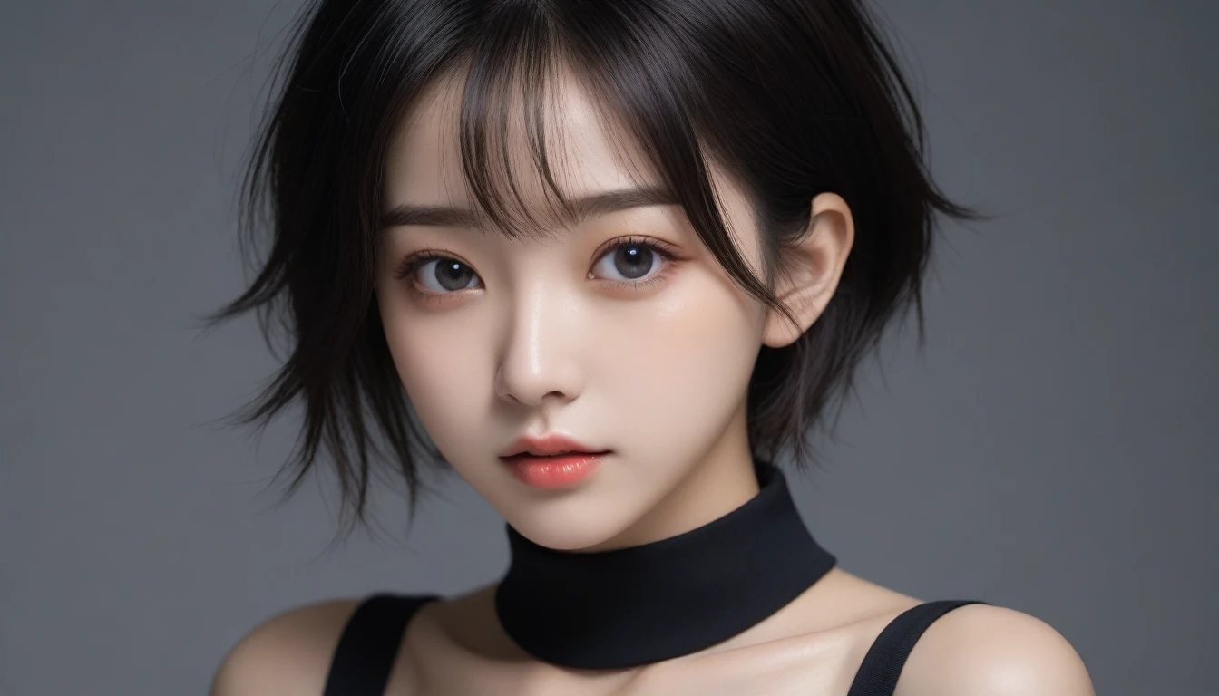 8k, Ultra-high resolution, Highest quality, masterpiece, 三分割法によるphotograph,Surreal, photograph, 1 Girl, (:1.3), pretty girl, Cute Face, Beautiful eyes in every detail, 細かくdetailedに,masterpiece,One Girl:1.2, Japan Female Announcer,upper body,from below,sad,streaming tears,Black short hair,Messy hair,(black suit:1.3),mourning clothes,(印象派の美しい少女のPortraiture), (Gray background:1.3),(Impressionist light and colour),Realistic Skin, Perfect and beautiful face ,完璧でCute Face, Skin with attention to detail, Perfect limbs、Narrow waist,Looking at the audience、beauty,Long neck,clavicle,(((Ideal body type))),A cup small breasts :2,Portraiture:2,Perfect Anatomy,鮮明なdetailed,detailed,Surreal,Light and shadow,spotlight
