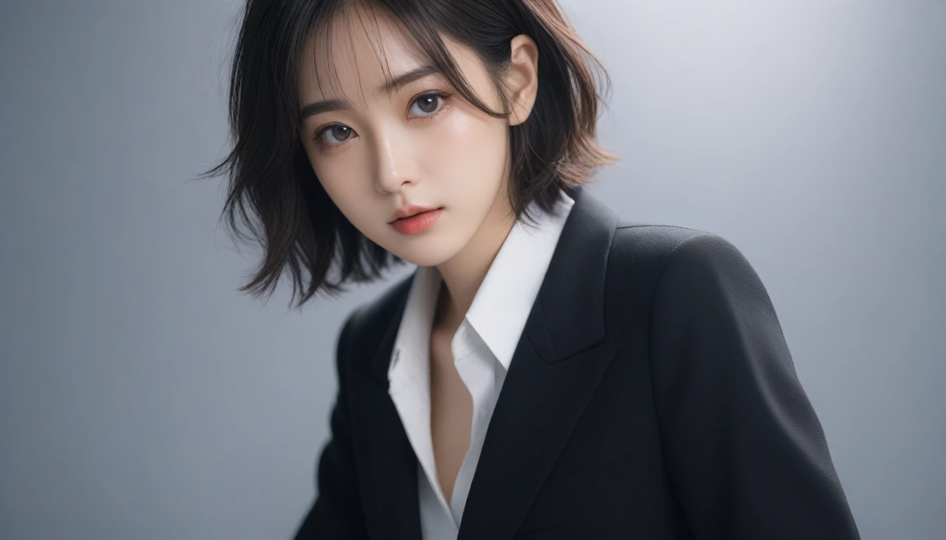 8k, Ultra-high resolution, Highest quality, masterpiece, 三分割法によるphotograph,Surreal, photograph, 1 Girl, (16 years old:1.3), pretty girl, Cute Face, Beautiful eyes in every detail, 細かくdetailedに,masterpiece,One Girl:1.2, Japan Female Announcer,upper body,from below,sad,streaming tears,Black short hair,Messy hair,(black suit:1.3),mourning clothes,(印象派の美しい少女のPortraiture), (Gray background:1.3),(Impressionist light and colour),Realistic Skin, Perfect and beautiful face ,完璧でCute Face, Skin with attention to detail, Perfect limbs、Narrow waist,Looking at the audience、beauty,Long neck,clavicle,(((Ideal body type))),A cup small breasts :2,Portraiture:2,Perfect Anatomy,鮮明なdetailed,detailed,Surreal,Light and shadow,spotlight