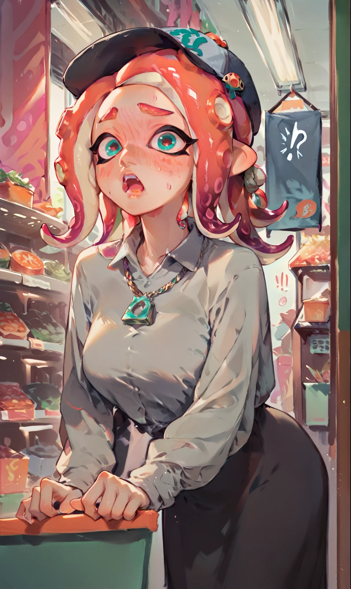 (score_9, score_8_up), score_7_up, score_6_up, score_5_up, score_4_up,(masterpiece, best quality, highres, ultra detailed:1.2), (solo, 1girl, cowboy shot), flow_(splatoon), jewelry, necklace, tentacle hair, hair ornament, hat, sleeves past fingers, teal eyes, grey shirt, long black skirt, open mouth, surprised, full face blush, bending forward, large breasts, (sexy pose:1.2), (detailed background, shop interior:1.2)
