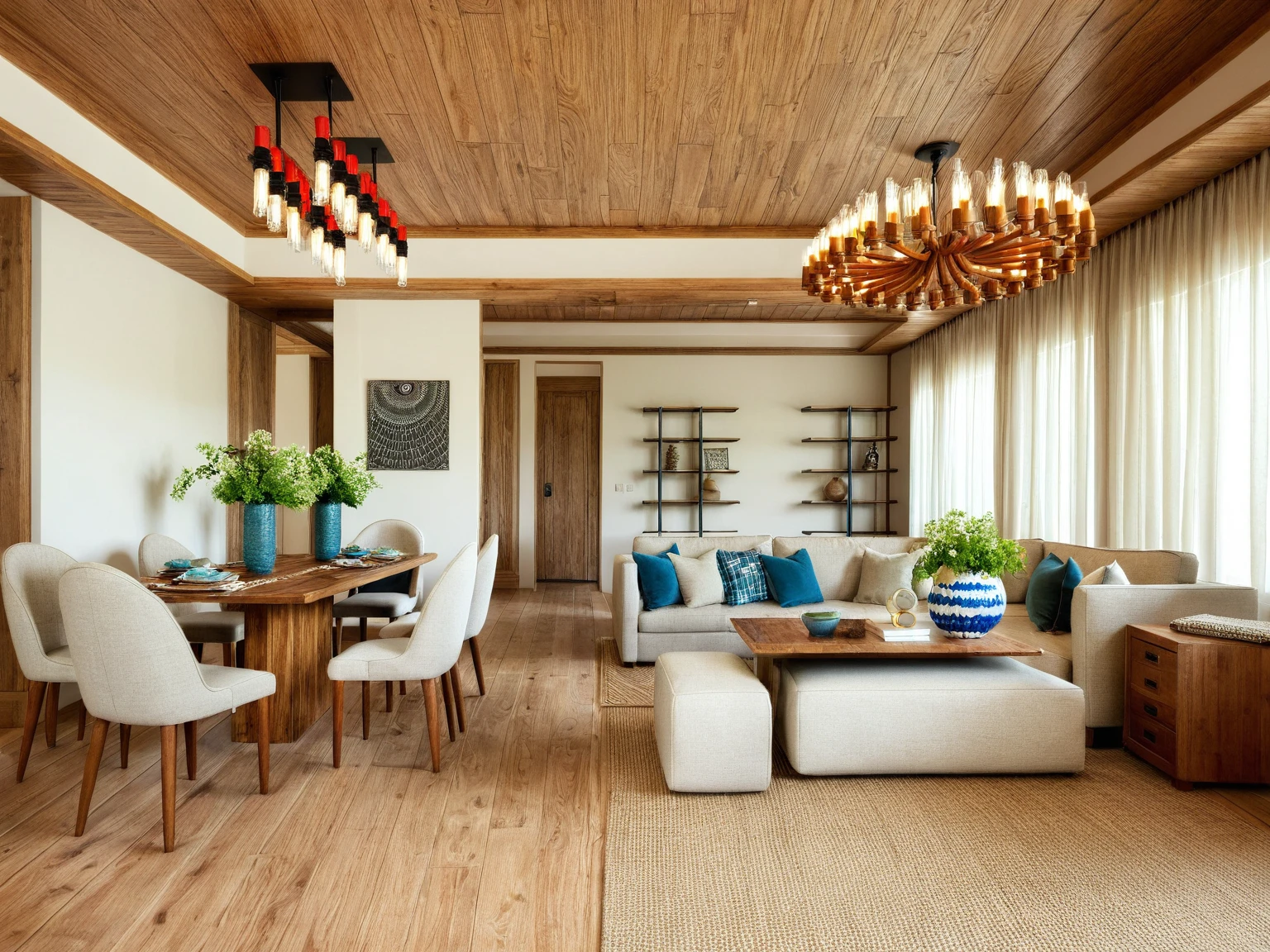 Raw photo, Masterpiece, high quality, best quality, authentic, super detail,
((Rustic Farmhouse)),
Evokes a sense of warmth, comfort, and nostalgia, Think exposed beams, ((natural textures)), and ((furniture with a vintage)) or handcrafted feel,
This style utilizes a warm and inviting palette with creams, beiges, and light browns as the base, Accents of green, blue, or red can be used to bring in a touch of color reminiscent of nature, Natural materials like wood and stone are heavily featured,