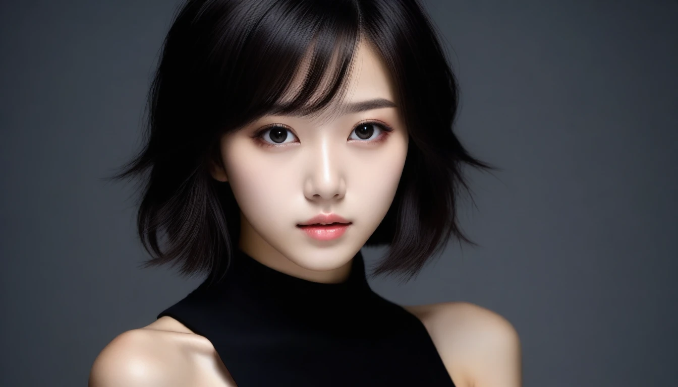 8k, Ultra-high resolution, Highest quality, masterpiece, 三分割法によるphotograph,Surreal, photograph, 1 Girl, (16 years old:1.3), pretty girl, Cute Face, Beautiful eyes in every detail, 細かくdetailedに,masterpiece,One Girl:1.2, Japan Female Announcer,upper body,from below,sad,streaming tears,Black short hair,Messy hair,(black suit:1.3),mourning clothes,(印象派の美しい少女のPortraiture), (Gray background:1.3),(Impressionist light and colour),Realistic Skin, Perfect and beautiful face ,完璧でCute Face, Skin with attention to detail, Perfect limbs、Narrow waist,Looking at the audience、beauty,Long neck,clavicle,(((Ideal body type))),A cup small breasts :2,Portraiture:2,Perfect Anatomy,鮮明なdetailed,detailed,Surreal,Light and shadow,spotlight