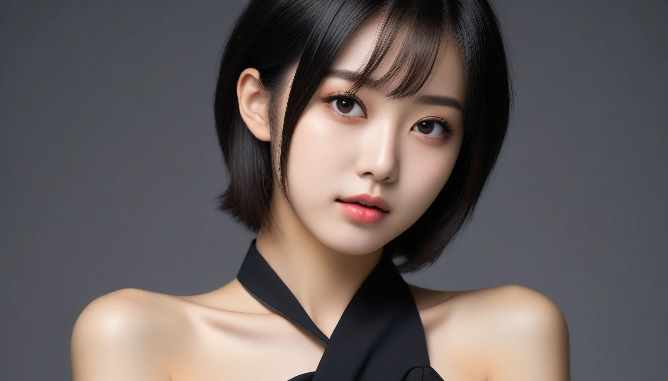 8k, Ultra-high resolution, Highest quality, masterpiece, 三分割法によるphotograph,Surreal, photograph, 1 Girl, (16 years old:1.3), pretty girl, Cute Face, Beautiful eyes in every detail, 細かくdetailedに,masterpiece,One Girl:1.2, Japan Female Announcer,upper body,from below,sad,streaming tears,Black short hair,Messy hair,(black suit:1.3),mourning clothes,(印象派の美しい少女のPortraiture), (Gray background:1.3),(Impressionist light and colour),Realistic Skin, Perfect and beautiful face ,完璧でCute Face, Skin with attention to detail, Perfect limbs、Narrow waist,Looking at the audience、beauty,Long neck,clavicle,(((Ideal body type))),A cup small breasts :2,Portraiture:2,Perfect Anatomy,鮮明なdetailed,detailed,Surreal,Light and shadow,spotlight