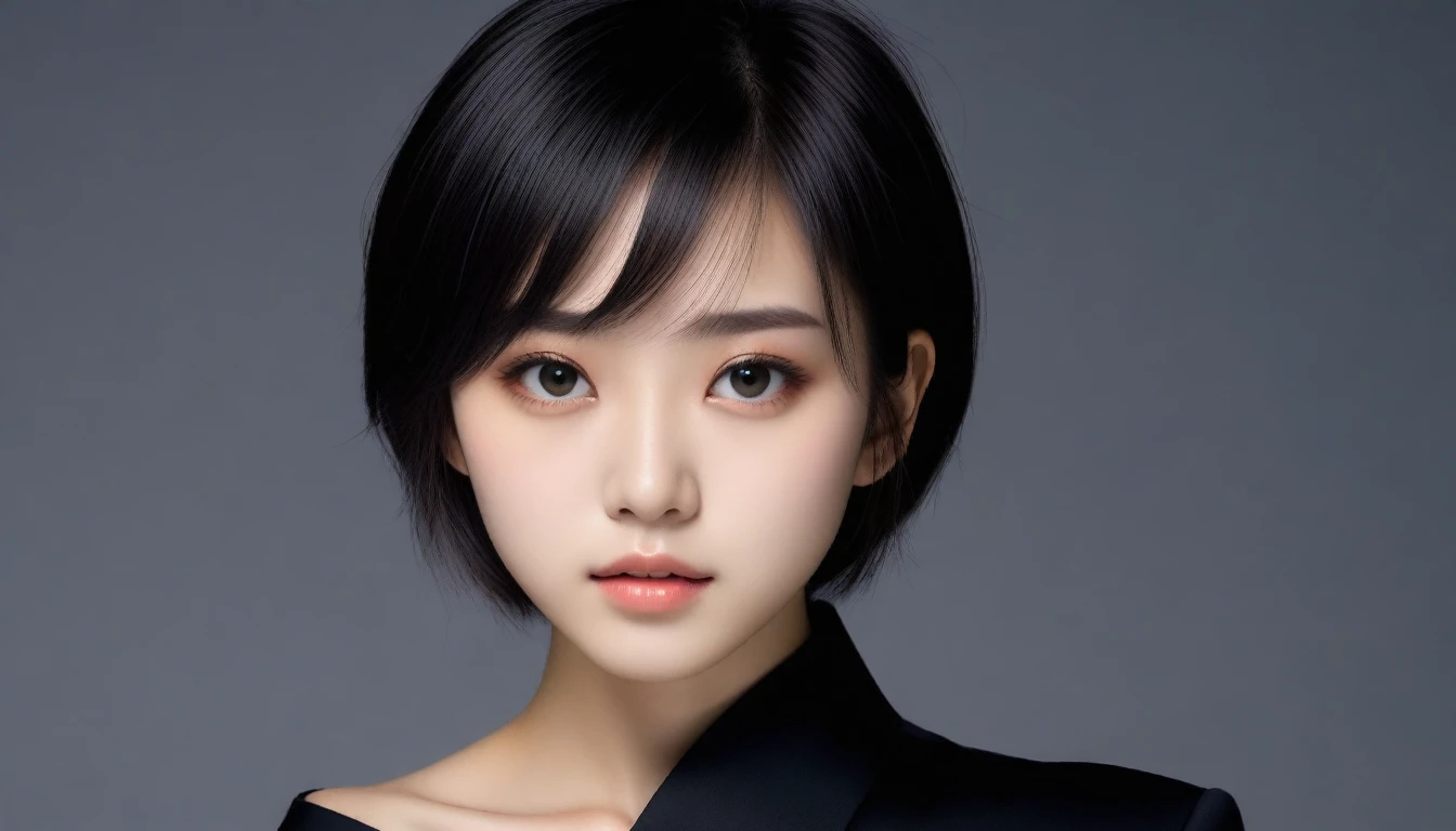 8k, Ultra-high resolution, Highest quality, masterpiece, 三分割法によるphotograph,Surreal, photograph, 1 Girl, (16 years old:1.3), pretty girl, Cute Face, Beautiful eyes in every detail, 細かくdetailedに,masterpiece,One Girl:1.2, Japan Female Announcer,upper body,from below,sad,streaming tears,Black short hair,Messy hair,(black suit:1.3),mourning clothes,(印象派の美しい少女のPortraiture), (Gray background:1.3),(Impressionist light and colour),Realistic Skin, Perfect and beautiful face ,完璧でCute Face, Skin with attention to detail, Perfect limbs、Narrow waist,Looking at the audience、beauty,Long neck,clavicle,(((Ideal body type))),A cup small breasts :2,Portraiture:2,Perfect ???????,鮮明なdetailed,detailed,Surreal,Light and shadow,spotlight