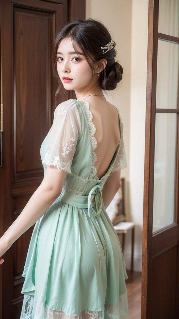((high quality work)), The writing is clear and concise, The green dress and the beautiful pleated lace complement each other., Enriching the layered feel of the entire picture, The elegant Edwardian lace dress and princess skirt add a lot of charm to the character., Gesture of turning the back of the hand , It also expresses the gentle and elegant side of women..