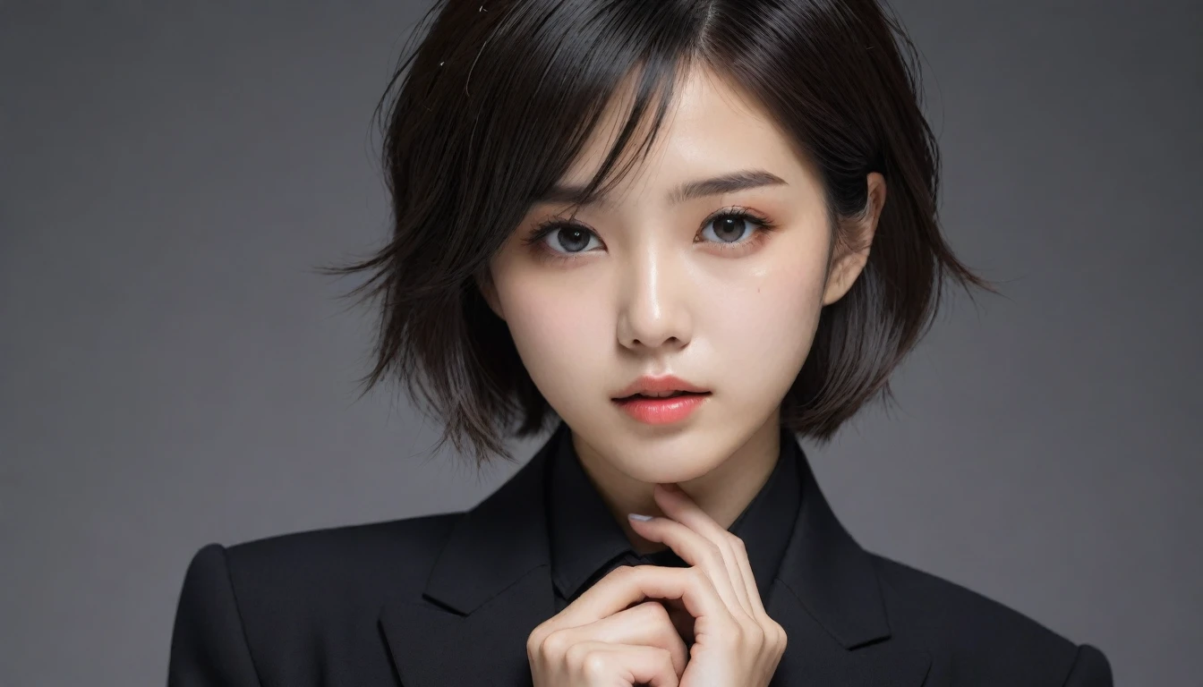 8k, Ultra-high resolution, Highest quality, masterpiece, 三分割法によるphotograph,Surreal, photograph, 1 Girl, (:1.3), pretty girl, Cute Face, Beautiful eyes in every detail, 細かくdetailedに,masterpiece,One Girl:1.2, Japan Female Announcer,upper body,from below,sad,streaming tears,Black short hair,Messy hair,(black suit:1.3),mourning clothes,(印象派の美しい少女のPortraiture), (Gray background:1.3),(Impressionist light and colour),Realistic Skin, Perfect and beautiful face ,完璧でCute Face, Skin with attention to detail, Perfect limbs、Narrow waist,Looking at the audience、beauty,Long neck,clavicle,(((Ideal body type))),A cup small breasts :2,Portraiture:2,Perfect Anatomy,鮮明なdetailed,detailed,Surreal,Light and shadow,spotlight