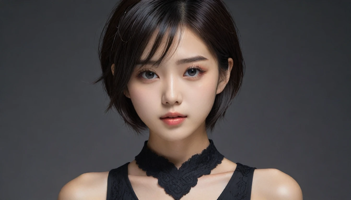 8k, Ultra-high resolution, Highest quality, masterpiece, 三分割法によるphotograph,Surreal, photograph, 1 Girl, (16 years old:1.3), pretty girl, Cute Face, Beautiful eyes in every detail, 細かくdetailedに,masterpiece,One Girl:1.2, Japan Female Announcer,upper body,from below,sad,streaming tears,Black short hair,Messy hair,(black suit:1.3),mourning clothes,(印象派の美しい少女のPortraiture), (Gray background:1.3),(Impressionist light and colour),Realistic Skin, Perfect and beautiful face ,完璧でCute Face, Skin with attention to detail, Perfect limbs、Narrow waist,Looking at the audience、beauty,Long neck,clavicle,(((Ideal body type))),A cup small breasts :2,Portraiture:2,Perfect Anatomy,鮮明なdetailed,detailed,Surreal,Light and shadow,spotlight