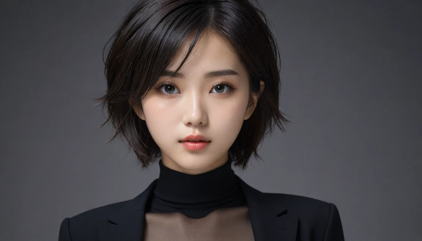 8k, Ultra-high resolution, Highest quality, masterpiece, 三分割法によるphotograph,Surreal, photograph, 1 Girl, (16 years old:1.3), pretty girl, Cute Face, Beautiful eyes in every detail, 細かくdetailedに,masterpiece,One Girl:1.2, Japan Female Announcer,upper body,from below,sad,streaming tears,Black short hair,Messy hair,(black suit:1.3),mourning clothes,(印象派の美しい少女のPortraiture), (Gray background:1.3),(Impressionist light and colour),Realistic Skin, Perfect and beautiful face ,完璧でCute Face, Skin with attention to detail, Perfect limbs、Narrow waist,Looking at the audience、beauty,Long neck,clavicle,(((Ideal body type))),A cup small breasts :2,Portraiture:2,Perfect ???????,鮮明なdetailed,detailed,Surreal,Light and shadow,spotlight