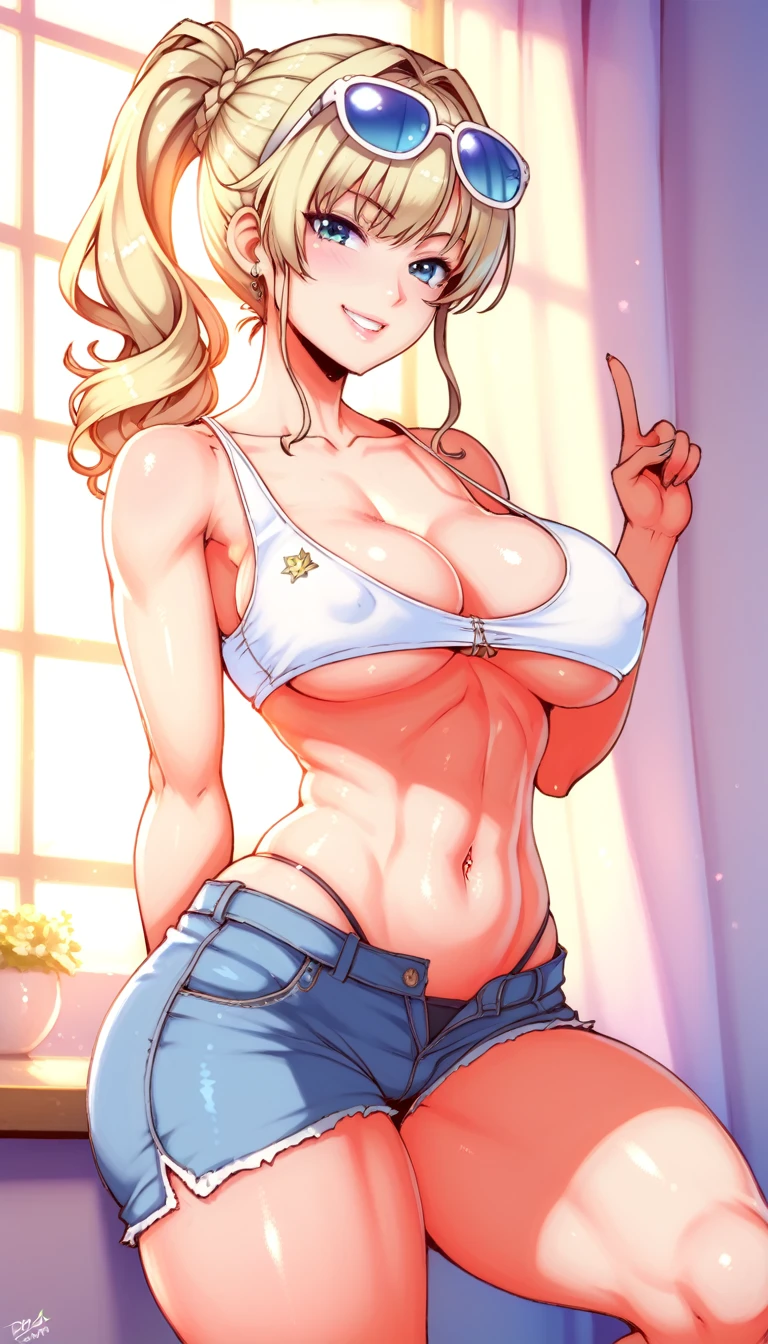 A girl pointing at her head with a provocative expression, challenging to aim at her head, intense gaze, smirk on her face, HDR, Masterpiece:2, Top Quality, high Quality, Very Detailed, ultra High Resolution, super High Resolution, Beautiful Detail, Dynamic angles, perfect lighting, 8k, Animation Style, cartoon style, game cg, sfw,