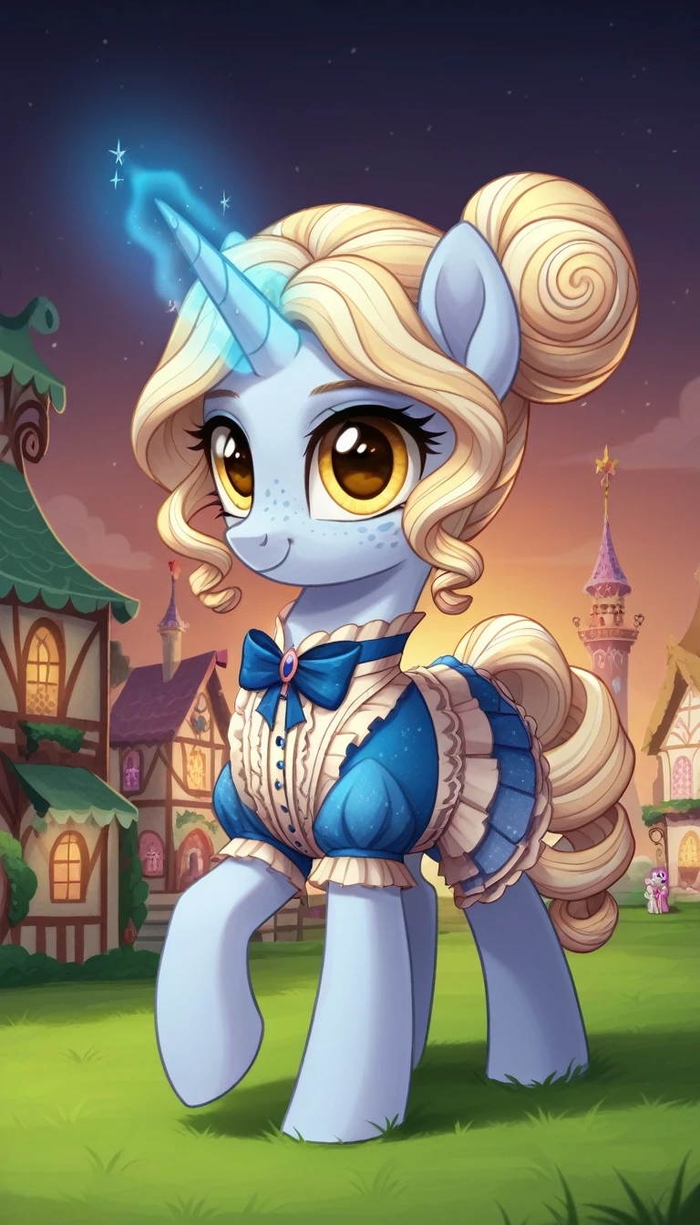 score_9,score_8_up,score_7_up,score_6_up, filly female, unicorn, ivory fur, curly blonde hair, bun hair style, pastel blue dye streaks, freckles, Golden eyes, lolita pony, cute Lolita fashion, glowing backlight, fashion show, ponyville scene, glitter, whimsical, enchanted, magical, fantasy art concept, intricate details, happy smile, glowing horn, 