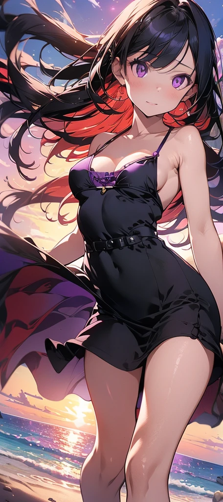 A beautiful woman with long purple hbright air, sexy dress, detailed facial features, high quality, photorealistic, cinematic lighting, dramatic colors, Put on a few pieces of mat.,big breasts,beach,red jewelry
