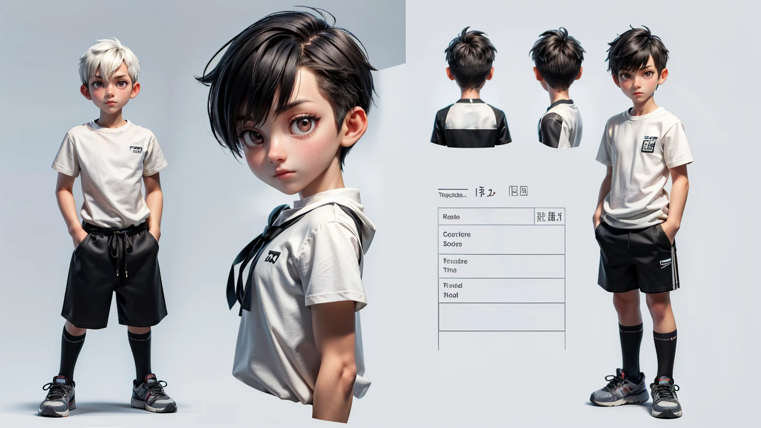 cute face boy, cute face, short height boy, wearing casual full pent and shirt dress, pent and shirt, full standing pose, Crew Cut hairs, Crew Cut hairs style , sports shoes, Character Sheet, 12 yo student, Full body, Simple white background, front pose character reference sheet, Concept art, design sheet