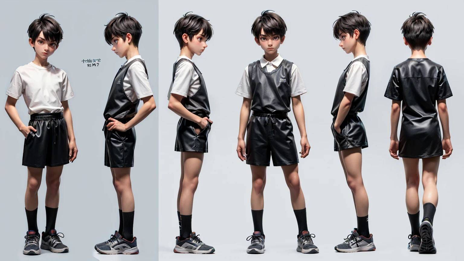 short height cute face boy, cute face, short height boy, wearing  full body pent and shirt, sports shoes, full standing pose, French Crop hairs, Character Sheet, 10 yo student, Full body, Simple white background, front pose character reference sheet, Concept art, design sheet