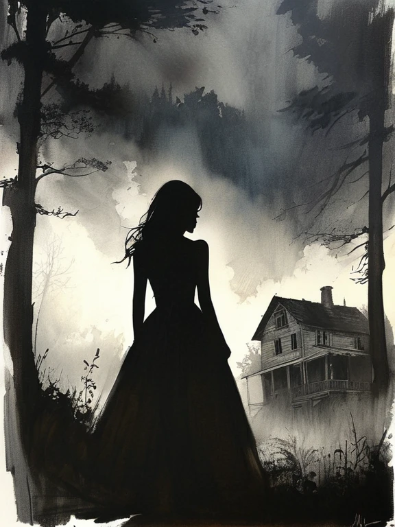 Charcoal drawing, crayons, black pencil drawing, pencil drawing, black and white drawing, graphite drawing, Poster âTwilight was falling, and the girl stood at the edge of the forest, looking at an old abandoned house, shrouded in a mysterious fog. Her dress fluttered slightly in the wind, and the light from behind the clouds, her figure was softly illuminated, creating a black silhouette of her figure, creating an atmosphere of anticipation and anxiety. Dark shadows were hiding in the distance among the trees, adding a feeling of the unknown and mystical waiting for her in this forgotten place. What secrets does this house hide? painting in the style of artists such as Russ Mills, Sakimichan, Vlop, Leush, Artgerm, Darek Zabrocki and Jean-Baptiste Monge