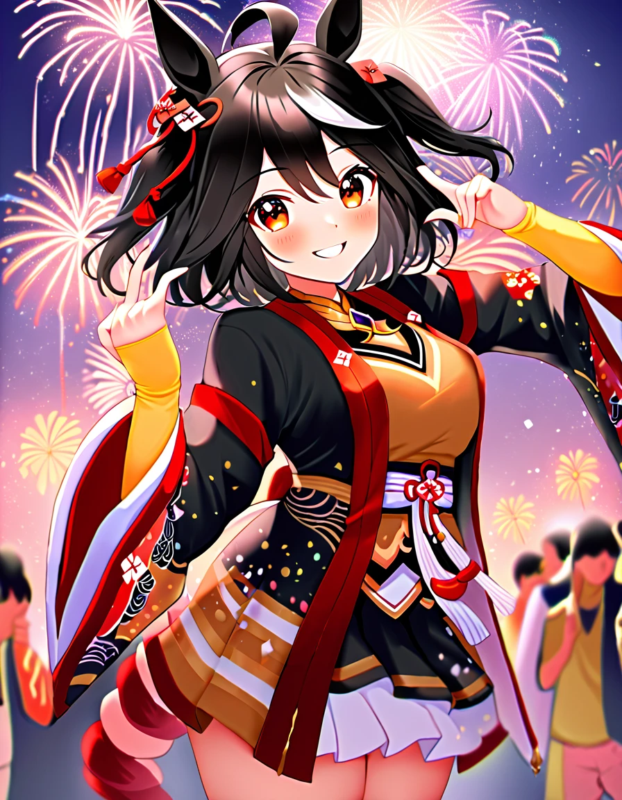 Ultra-high resolution, Highest quality, 8k,Horse Girl,Kitasan Black,162 cm,Bust 85,Waist 56,Hip 88,Festivals,firework,A happy smile,Cute pose,Five fingers on a hand,Beautiful hands