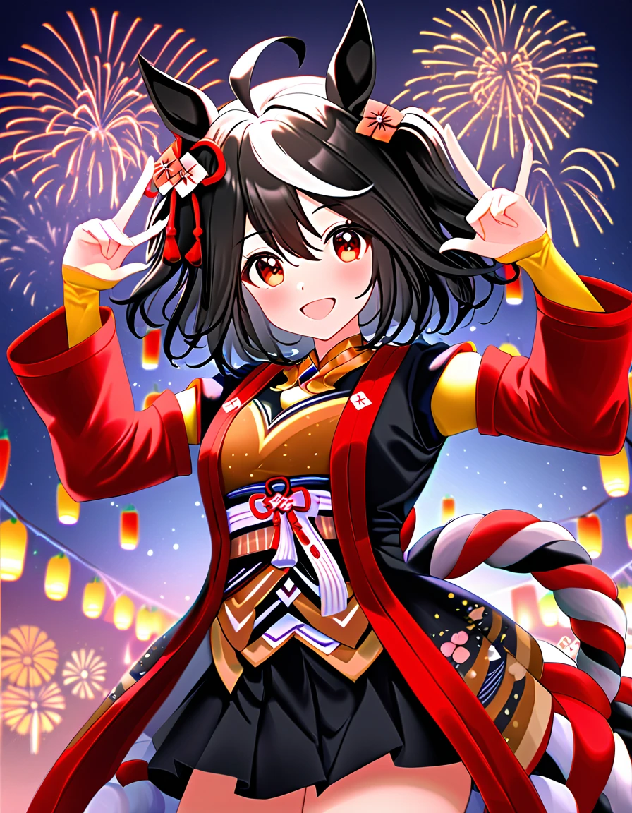 Ultra-high resolution, Highest quality, 8k,Horse Girl,Kitasan Black,162 cm,Bust 85,Waist 56,Hip 88,Festivals,firework,A happy smile,Cute pose,Five fingers on a hand,Beautiful hands