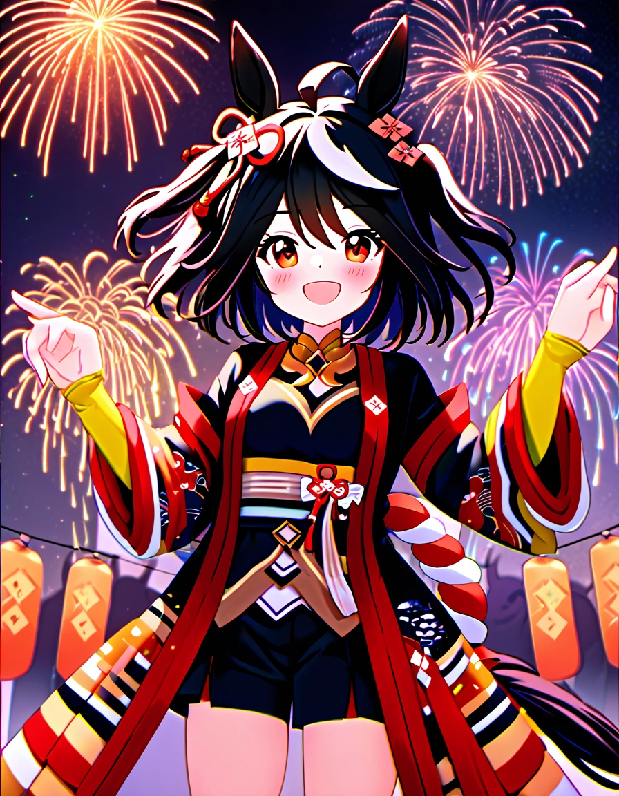 Ultra-high resolution, Highest quality, 8k,Horse Girl,Kitasan Black,162 cm,Bust 85,Waist 56,Hip 88,Festivals,firework,A happy smile,Cute pose,Five fingers on a hand,Beautiful hands