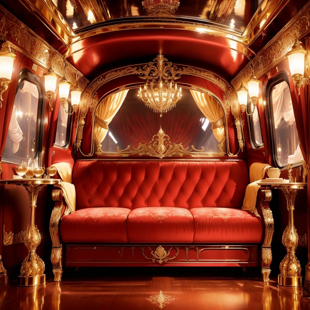 a close up of a crimson couch in a train car, extremely opulent, baroque, royal interior, elegant and ornate, floral pattern ceiling, dark wood reflective floor, simple night sky view from windows, fewer lamps, looking regal and classic, in majestic, luxurious environment, carriage, rich drapery, ornate furniture, opulent, gold and luxury materials, with dramatic lighting, exquisitely designed throne room, inside a grand, high end interior, no cups or glasses on table