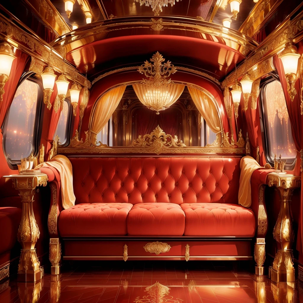 a close up of a crimson couch in a train car, extremely opulent, baroque, royal interior, elegant and ornate, floral pattern ceiling, dark wood reflective floor, simple night sky view from windows, fewer lamps, looking regal and classic, in majestic, luxurious environment, carriage, rich drapery, ornate furniture, opulent, gold and luxury materials, with dramatic lighting, exquisitely designed throne room, inside a grand, high end interior, no cups or glasses on table