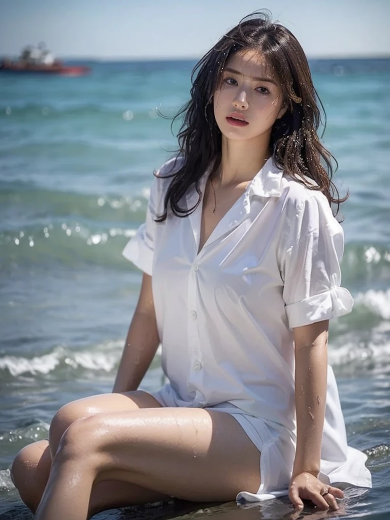 (Gray background、pubic hair、Large Breasts、Thighs、(((Glaring)))、Curly Hair、Disheveled Hair、Cute woman、high school girl、White shirt、Navy frill mile、Open chest shirt、A wet shirt with underwear showing through、Wet Hair、Gazing at the sea、