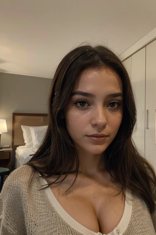 Meilleure qualité, haute résolution, 1fille fine, brune, yeux marron, en sous vêtements , poitrine développée, Visage expressif, grosses lèvres, Réaliste, (Peau très détaillée: 1.4), haute qualité, photo, haute résolution, arrière-plan chambre d’hotel