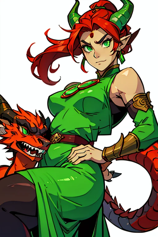 guardian dragon woman with green eyes red horns jade hair