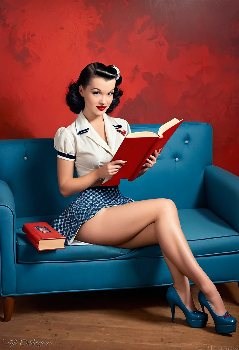 Picture of a pinup style girl sitting on a blue couch holding a red book, Gil Elvgren style, pinup art, Artgerm and Gil Elvgren, Gil Elvgren, pinup girl, Gil Elvgren, pinup girl, vintage pinup, pinup girl, pinup girl, pinup girl, pinup art, pinup, pinup, pinup, pinup, pinup, pinup, pinup art