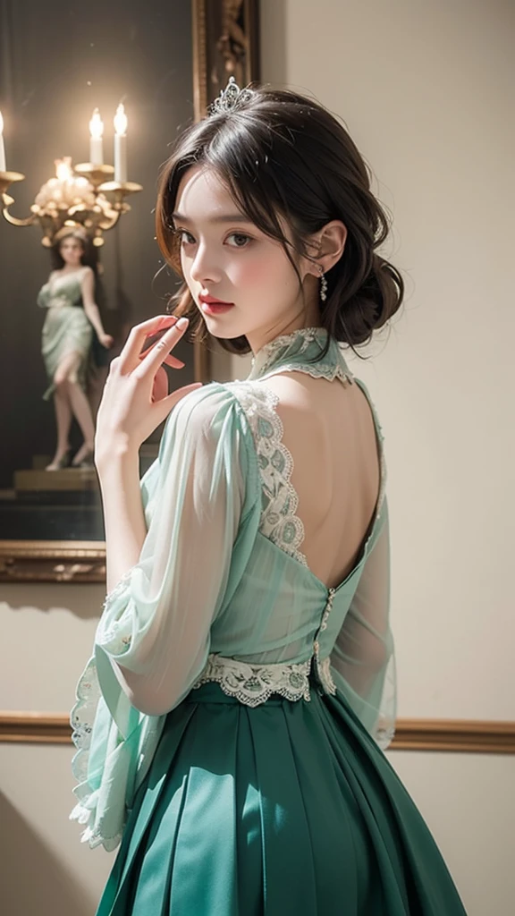 ((high quality work)), The writing is clear and concise, The green dress and the beautiful pleated lace complement each other., Enriching the layered feel of the entire picture, The elegant Edwardian lace dress and princess skirt add a lot of charm to the character., Gesture of turning the back of the hand , It also expresses the gentle and elegant side of women..