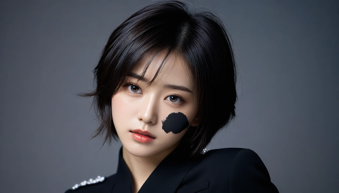 8k, Ultra-high resolution, Highest quality, masterpiece, 三分割法によるphotograph,Surreal, photograph, 1 Girl, (16 years old:1.3), pretty girl, Cute Face, Beautiful eyes in every detail, 細かくdetailedに,masterpiece,One Girl:1.2, Japan Female Announcer,upper body,from below,sad,streaming tears,Black short hair,Messy hair,(black suit:1.3),mourning clothes,(印象派の美しい少女のPortraiture), (Gray background:1.3),(Impressionist light and colour),Realistic Skin, Perfect and beautiful face ,完璧でCute Face, Skin with attention to detail, Perfect limbs、Narrow waist,Looking at the audience、beauty,Long neck,clavicle,(((Ideal body type))),A cup small breasts :2,Portraiture:2,Perfect Anatomy,鮮明なdetailed,detailed,Surreal,Light and shadow,spotlight