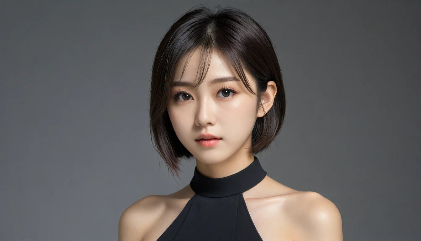 8k, Ultra-high resolution, Highest quality, masterpiece, 三分割法によるphotograph,Surreal, photograph, 1 Girl, (16 years old:1.3), pretty girl, Cute Face, Beautiful eyes in every detail, 細かくdetailedに,masterpiece,One Girl:1.2, Japan Female Announcer,upper body,from below,sad,streaming tears,Black short hair,Messy hair,(black suit:1.3),mourning clothes,(印象派の美しい少女のPortraiture), (Gray background:1.3),(Impressionist light and colour),Realistic Skin, Perfect and beautiful face ,完璧でCute Face, Skin with attention to detail, Perfect limbs、Narrow waist,Looking at the audience、beauty,Long neck,clavicle,(((Ideal body type))),A cup small breasts :2,Portraiture:2,Perfect Anatomy,鮮明なdetailed,detailed,Surreal,Light and shadow,spotlight