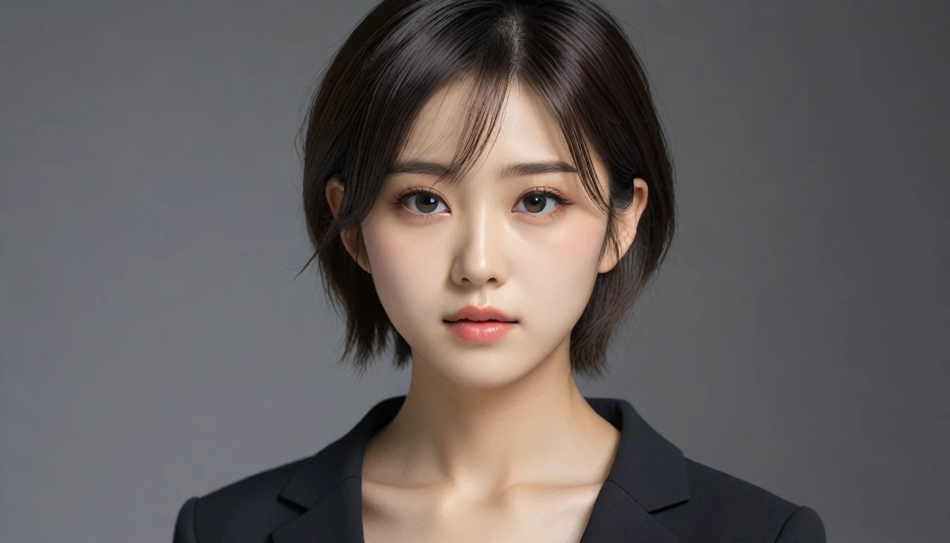 8k, Ultra-high resolution, Highest quality, masterpiece, 三分割法によるphotograph,Surreal, photograph, 1 Girl, (:1.3), pretty girl, Cute Face, Beautiful eyes in every detail, 細かくdetailedに,masterpiece,One Girl:1.2, Japan Female Announcer,upper body,from below,sad,streaming tears,Black short hair,Messy hair,(black suit:1.3),mourning clothes,(印象派の美しい少女のPortraiture), (Gray background:1.3),(Impressionist light and colour),Realistic Skin, Perfect and beautiful face ,完璧でCute Face, Skin with attention to detail, Perfect limbs、Narrow waist,Looking at the audience、beauty,Long neck,clavicle,(((Ideal body type))),A cup small breasts :2,Portraiture:2,Perfect Anatomy,鮮明なdetailed,detailed,Surreal,Light and shadow,spotlight