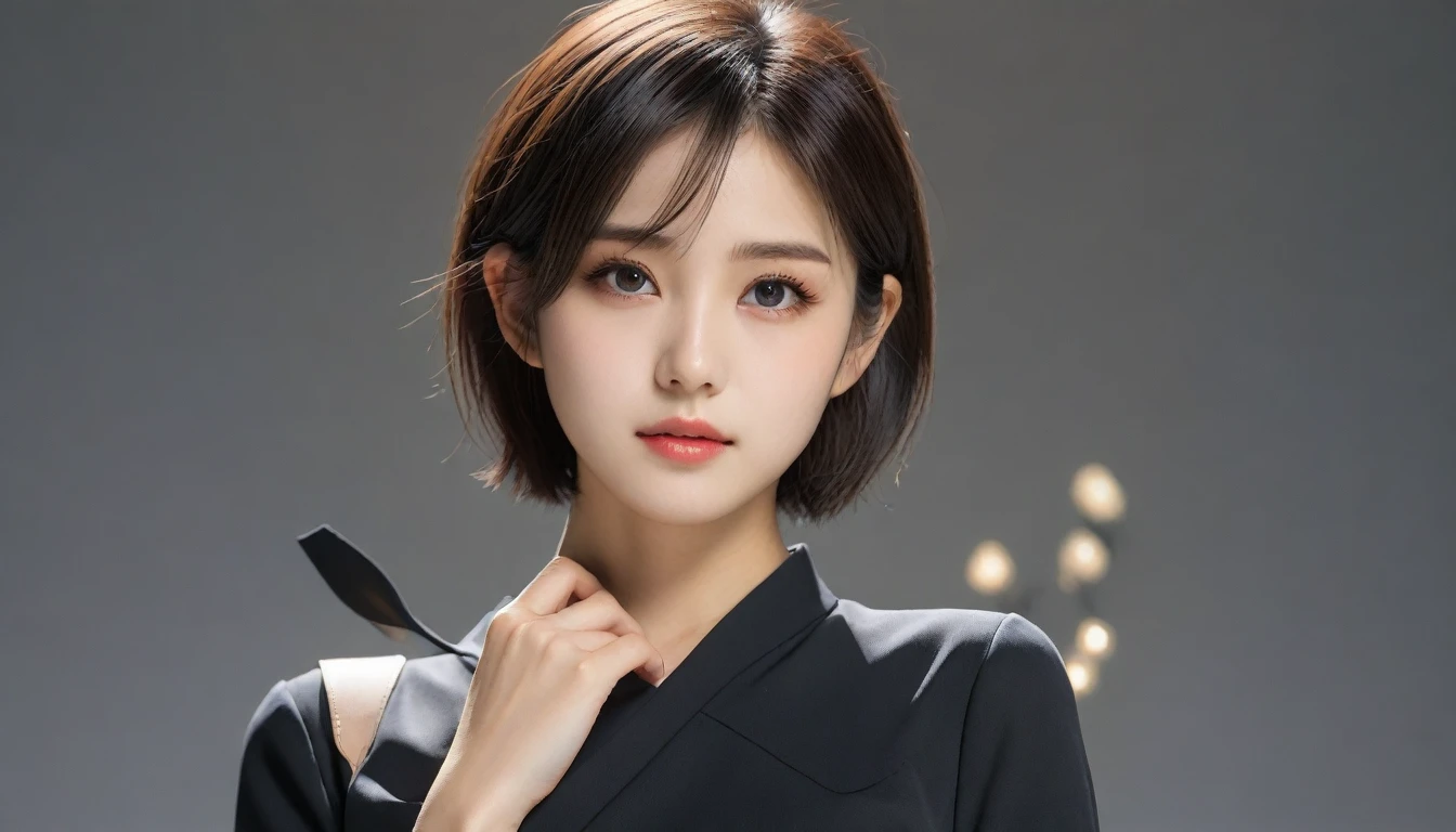 8k, Ultra-high resolution, Highest quality, masterpiece, 三分割法によるphotograph,Surreal, photograph, 1 Girl, (16 years old:1.3), pretty girl, Cute Face, Beautiful eyes in every detail, 細かくdetailedに,masterpiece,One Girl:1.2, Japan Female Announcer,upper body,from below,sad,streaming tears,Black short hair,Messy hair,(black suit:1.3),mourning clothes,(印象派の美しい少女のPortraiture), (Gray background:1.3),(Impressionist light and colour),Realistic Skin, Perfect and beautiful face ,完璧でCute Face, Skin with attention to detail, Perfect limbs、Narrow waist,Looking at the audience、beauty,Long neck,clavicle,(((Ideal body type))),A cup small breasts :2,Portraiture:2,Perfect Anatomy,鮮明なdetailed,detailed,Surreal,Light and shadow,spotlight