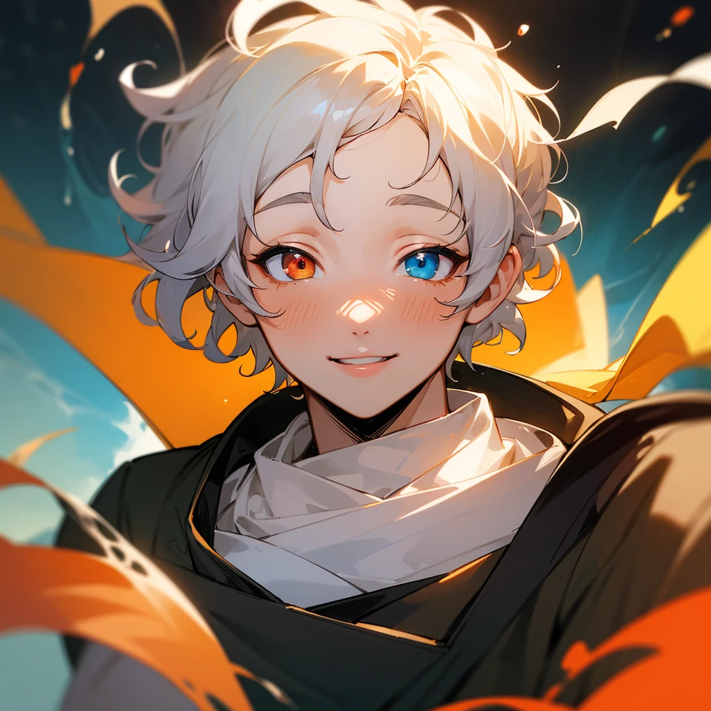 Portrait of a man, pale skin, heterochromia, shorth hair, orange and curly, smilling face, cheerful pose, chubby face, chubby body, Blurry scenario, black sweatshirt, fleshy lips, boy, 真实感, water colour, 4K, high détail