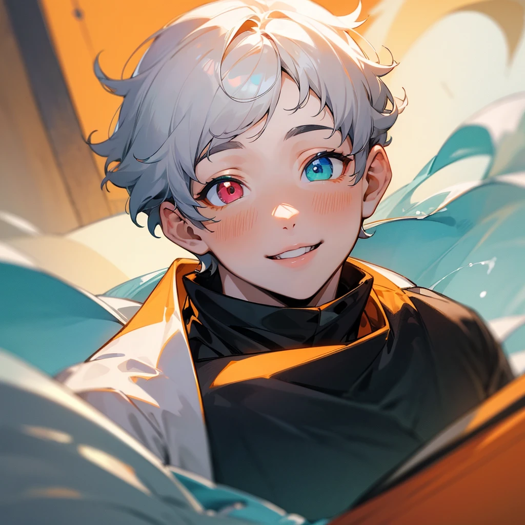 Portrait of a man, pale skin, heterochromia, shorth hair, orange and curly, smilling face, cheerful pose, chubby face, chubby body, Blurry scenario, black sweatshirt, fleshy lips, boy, 真实感, water colour, 4K, high détail