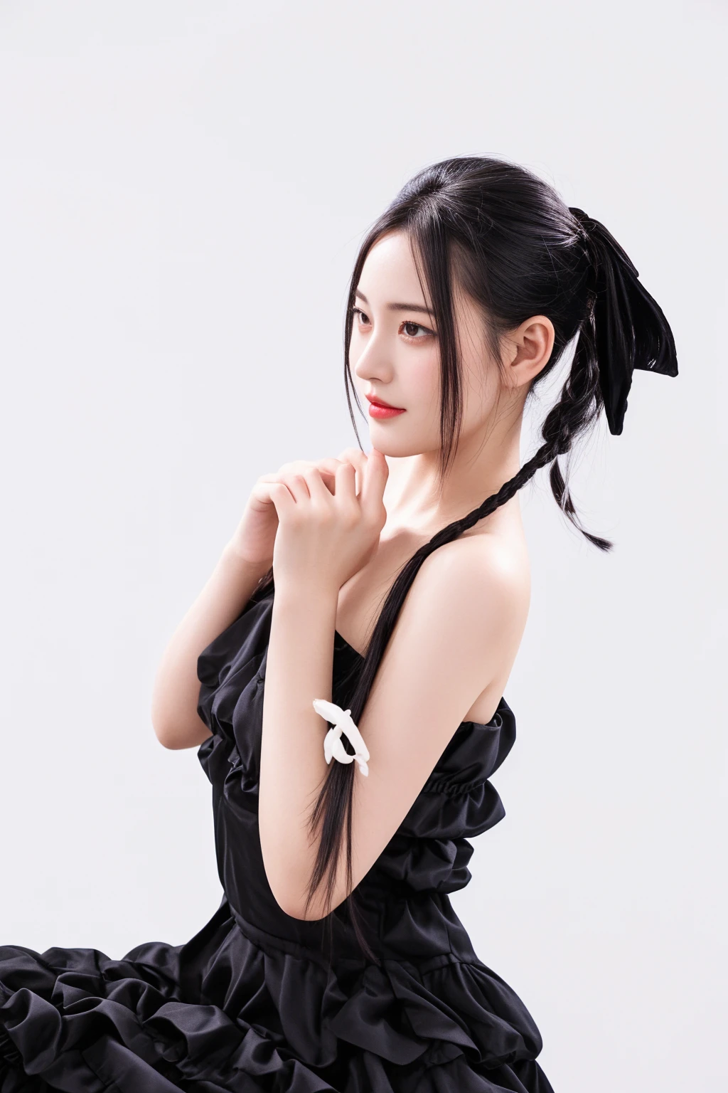 there is a woman in a black dress posing for a picture, with black pigtails, seductive tifa lockhart portrait, pigtails hairstyle, tifa, dilraba dilmurat, tifa lockhart, portrait of tifa lockhart, twintails hairstyle, tifa lockheart, inspired by Chen Yifei, chinese girl, pigtails hair, full body xianxia