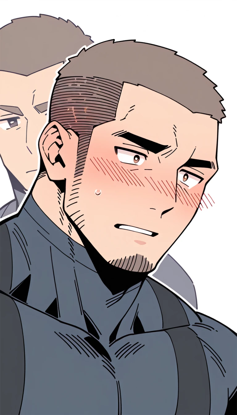 anime characters：Priapus Dark-skinned muscular athlete, Buzz Cut, Manliness, male focus, Dark grey wetsuit, Very tight, full and perky chest muscles, muscular male, muscular, only, Upper body, alone, Red short hair, Thick eyebrows, stubble, Brown-red pupils, White background, simple background, amazing quality, best aesthetics, Ridiculous, crew cut, parted lips, flustered, endured face, shy, blush, negative space, negative space, best quality