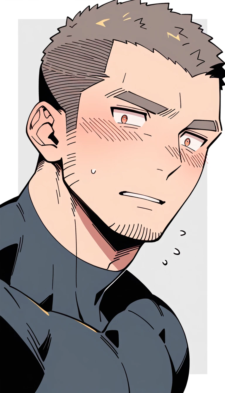 anime characters:Priapus Dark-skinned muscular athlete, Buzz Cut, Manliness, male focus, Dark grey wetsuit, Very tight, full and perky chest muscles, muscular male, muscular, only, Upper body, alone, Red short hair, Thick eyebrows, stubble, Brown-red pupils, White background, simple background, amazing quality, best aesthetics, Ridiculous, crew cut, parted lips, flustered, endured face, shy, blush, negative space, negative space, best quality