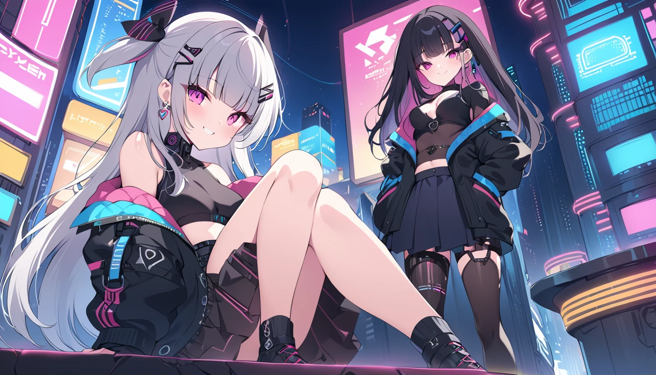 ((high quality)), ((masterpiece)), 8k, Two Girls, car, light, extremely detailed CG unity 8k wallpaper, CG games, View your viewers, gloves, boots, whole body, clock , computer, mask, Drone, Possession of a gun, Headphones, Jacket, bag, Backpack, Camel Toe, neon