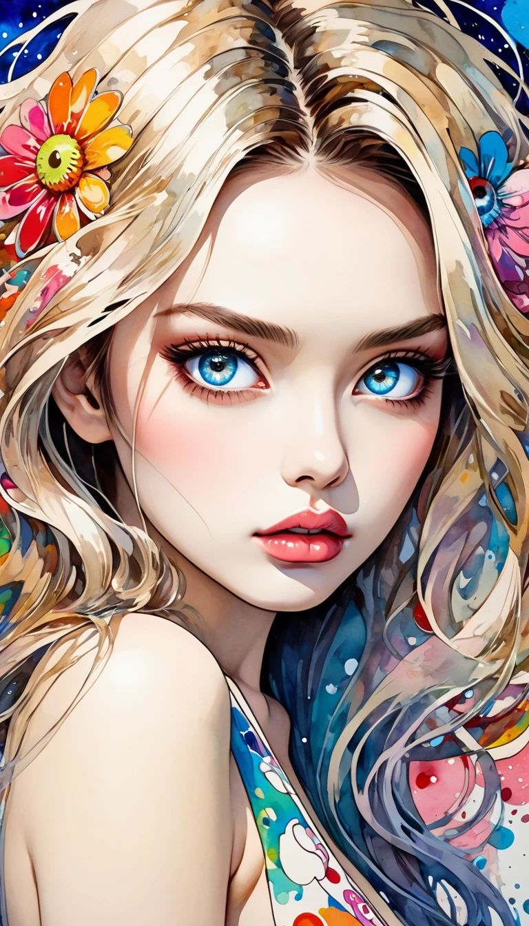 ((Takashi Murakami style, highest quality, high resolution, HDR, detailed, 8K quality))), intense watercolor, detailed watercolor art, avant-garde pop art, beautiful and expressive paintings, beautiful artwork illustrations, very Colorful tones, official art, stylish design, (((beautiful woman, half Japanese and half Russian))), ((delicate eyes, best eyes ever, beautiful eyes, big eyes 1.2, fine eyes) ), ((normal size breasts, beautiful lips, plump lips, beautiful back, sideways)), ((beautiful hair, light hair))((open chest, slightly open mouth, above the knees))
