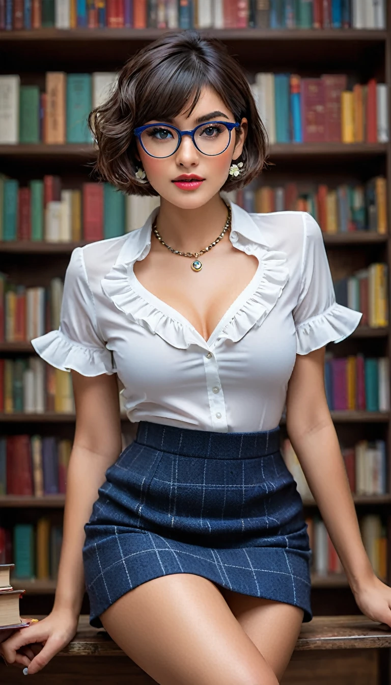 (((beautiful beautiful Isabela Merced, posing for shipmentss, looking sexy, ruffled lips, Short curly hair in different colors, extremely pretty eyes))), ((wearing floral silver necklace)), realistic shipmentsgraph, highy detailed, Foco do pointed, (Main lighting), (indoor bookstore environment), work of art, extremely pretty, Perfect beauty, (perfect shape body, Broad Hips, small waist, thick-thighs, firm abs, Body cute, knees, knees, focus on the knees, breasts small), short hair of different colors with bangs, short hair with bangs of different colors cobrindo a testa, short hair with bangs of different colors ((((short hair of different colors with bangs cobrindo a testa)))), ((30 years old)), (extremely detaild 8k wallpaper), ((face detailed)), (((wearing open white shirt, microsaia curta de tweed, knees, knees, Very Short Skirt)), (long dark eyelashes), (looking at the camera), (((neckleace))), (glamor model), (seductive facial expression) (((standing between high shelves full of books))), extremely detaild, work of art, details Intricate, highy detailed, Foco do pointed, skin detailed, realistic skin texture, texture, detailedeyes, high resolution, , (work of art, maximum quality, high resolution:1.4), shipments, cinematic, film grain, pointed, soft natural light, magic shipmentsgraphy, super verbose, ((all-body: legs 1.7)), librarian glasses, nerd glasses, ((pleated miniskirt: miniskirt 1.6)), unbuttoned blouse with neckleace, へそ, へそ, neckleace, (Head to knee, all-body: knees 1.3), horny, lascivious, provocative, knee lift, (((knee))), (((knee lift))), (((knee:. knee 1.3))), Knee, Knee Lift, Raised Knee, Focus on Knee, unbuttoned, cleavage, (((cleavage))), (((small cleavage))), (((hot cleavage))) (((sexy cleavage)))