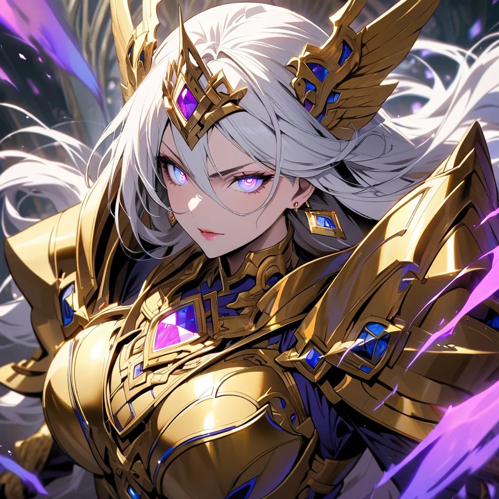 woman, long hair, white hair, mature, god eyes, diamond earings, two colors eyes, one blue eye, one purple eye, glowing eyes, beautiful, detailed, golden armor