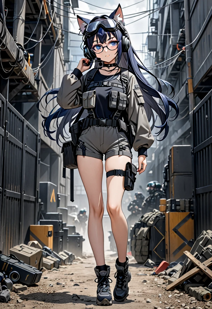 8K Ultra High-Quality, ultra-detailed, High quality, Dark Blue hair, Long hair, Headset, Goggles, cat girl, Grey Tactical clothes, Military clothes, black leotard with dark grey shorts, body harness, Looking at viewer, choker, glasses, full body