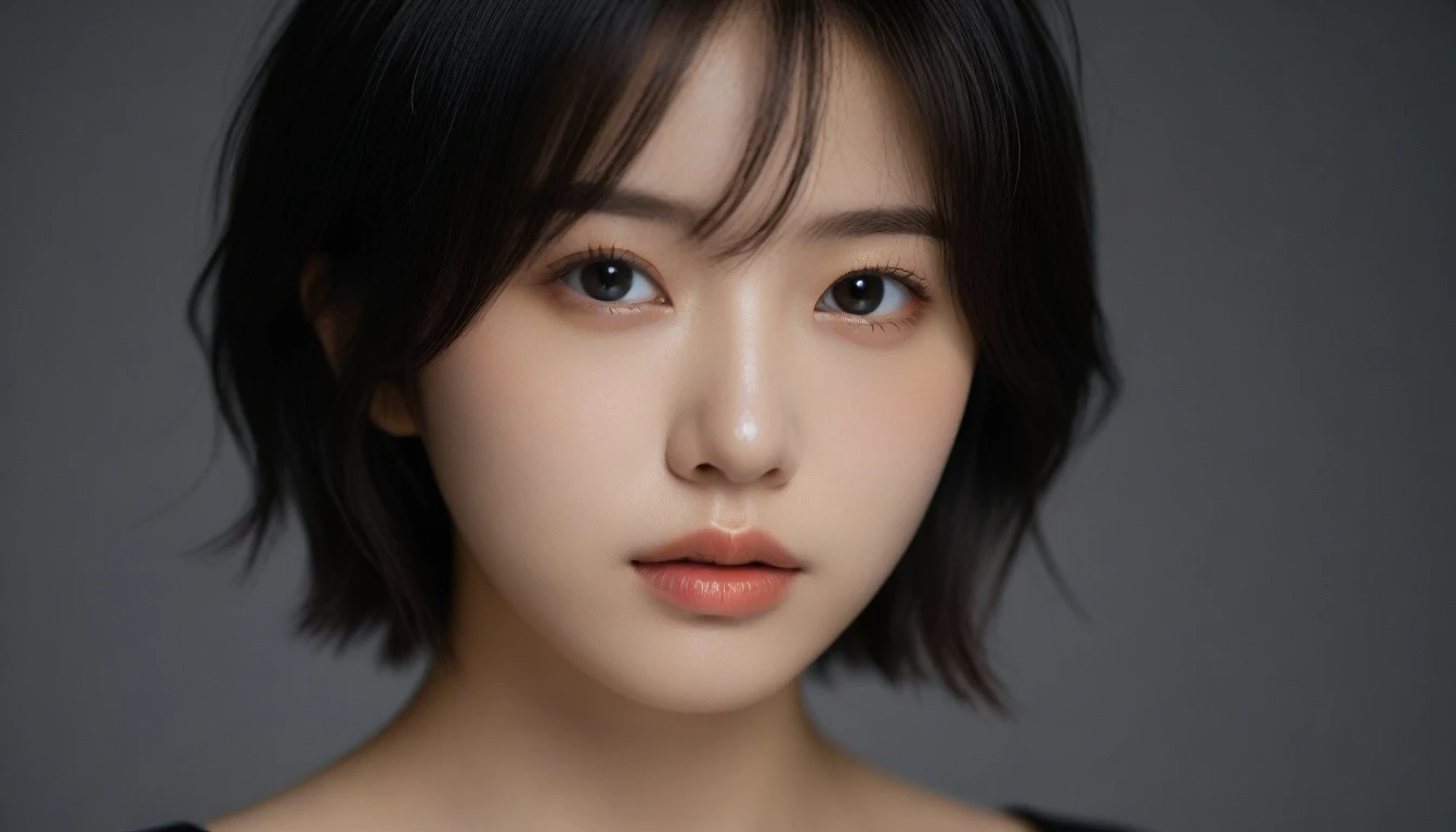 8k, Ultra-high resolution, Highest quality, masterpiece, 三分割法によるphotograph,Surreal, photograph, 1 Girl, (:1.3), pretty girl, Cute Face, Beautiful eyes in every detail, 細かくdetailedに,masterpiece,One Girl:1.2, Japan Female Announcer,upper body,from below,sad,streaming tears,Black short hair,Messy hair,(black suit:1.3),mourning clothes,(印象派の美しい少女のPortraiture), (Gray background:1.3),(Impressionist light and colour),Realistic Skin, Perfect and beautiful face ,完璧でCute Face, Skin with attention to detail, Perfect limbs、Narrow waist,Looking at the audience、beauty,Long neck,clavicle,(((Ideal body type))),A cup small breasts :2,Portraiture:2,Perfect Anatomy,鮮明なdetailed,detailed,Surreal,Light and shadow,spotlight