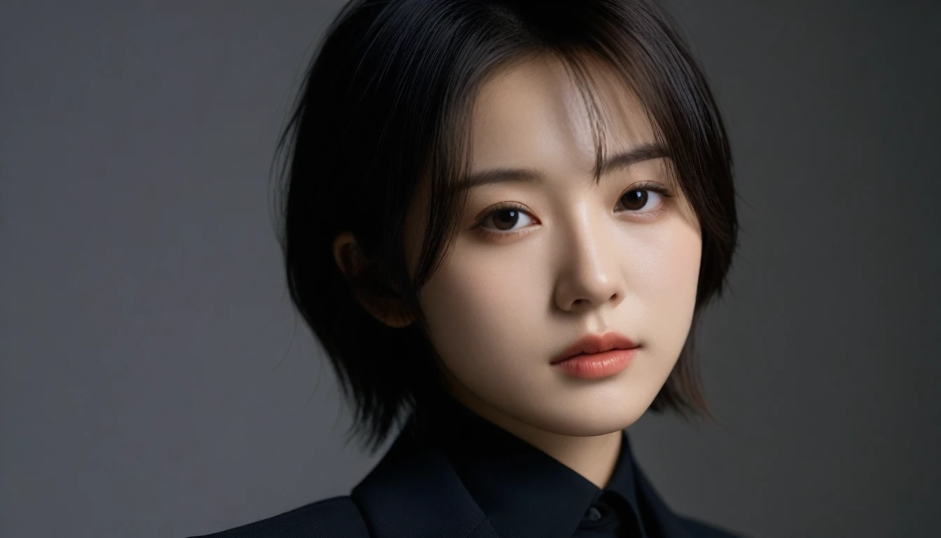 8k, Ultra-high resolution, Highest quality, masterpiece, 三分割法によるphotograph,Surreal, photograph, 1 Girl, (:1.3), pretty girl, Cute Face, Beautiful eyes in every detail, 細かくdetailedに,masterpiece,One Girl:1.2, Japan Female Announcer,upper body,from below,sad,streaming tears,Black short hair,Messy hair,(black suit:1.3),mourning clothes,(印象派の美しい少女のPortraiture), (Gray background:1.3),(Impressionist light and colour),Realistic Skin, Perfect and beautiful face ,完璧でCute Face, Skin with attention to detail, Perfect limbs、Narrow waist,Looking at the audience、beauty,Long neck,clavicle,(((Ideal body type))),A cup small breasts :2,Portraiture:2,Perfect Anatomy,鮮明なdetailed,detailed,Surreal,Light and shadow,spotlight