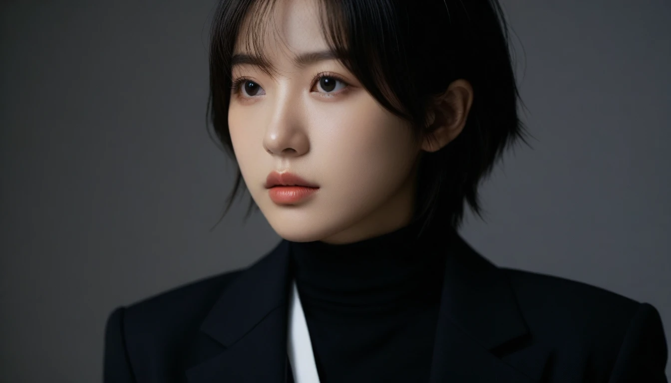 8k, Ultra-high resolution, Highest quality, masterpiece, 三分割法によるphotograph,Surreal, photograph, 1 Girl, (16 years old:1.3), pretty girl, Cute Face, Beautiful eyes in every detail, 細かくdetailedに,masterpiece,One Girl:1.2, Japan Female Announcer,upper body,from below,sad,streaming tears,Black short hair,Messy hair,(black suit:1.3),mourning clothes,(印象派の美しい少女のPortraiture), (Gray background:1.3),(Impressionist light and colour),Realistic Skin, Perfect and beautiful face ,完璧でCute Face, Skin with attention to detail, Perfect limbs、Narrow waist,Looking at the audience、beauty,Long neck,clavicle,(((Ideal body type))),A cup small breasts :2,Portraiture:2,Perfect Anatomy,鮮明なdetailed,detailed,Surreal,Light and shadow,spotlight